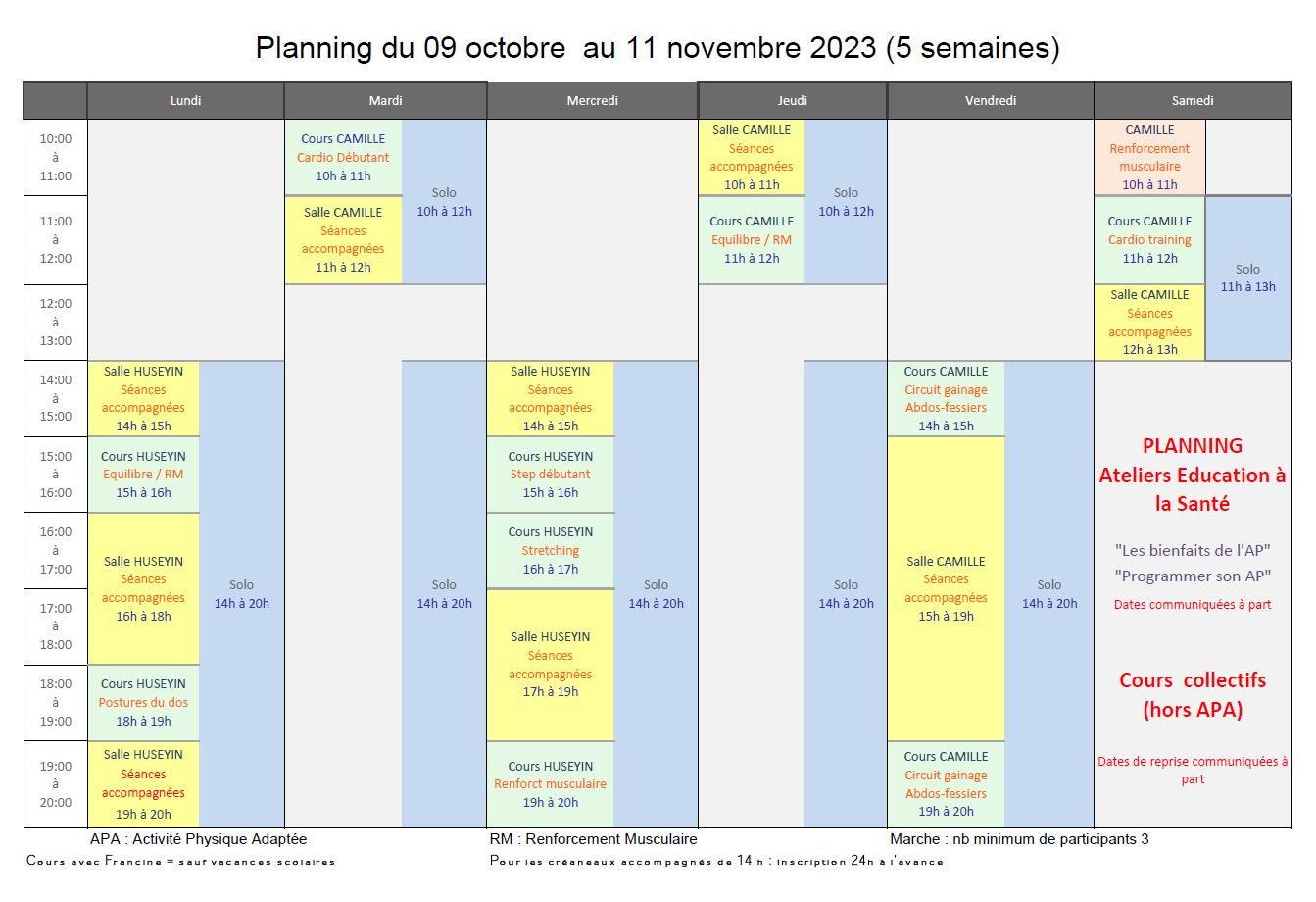 Planning du 09 oct au 11 novembre 2023 (5 semaines)